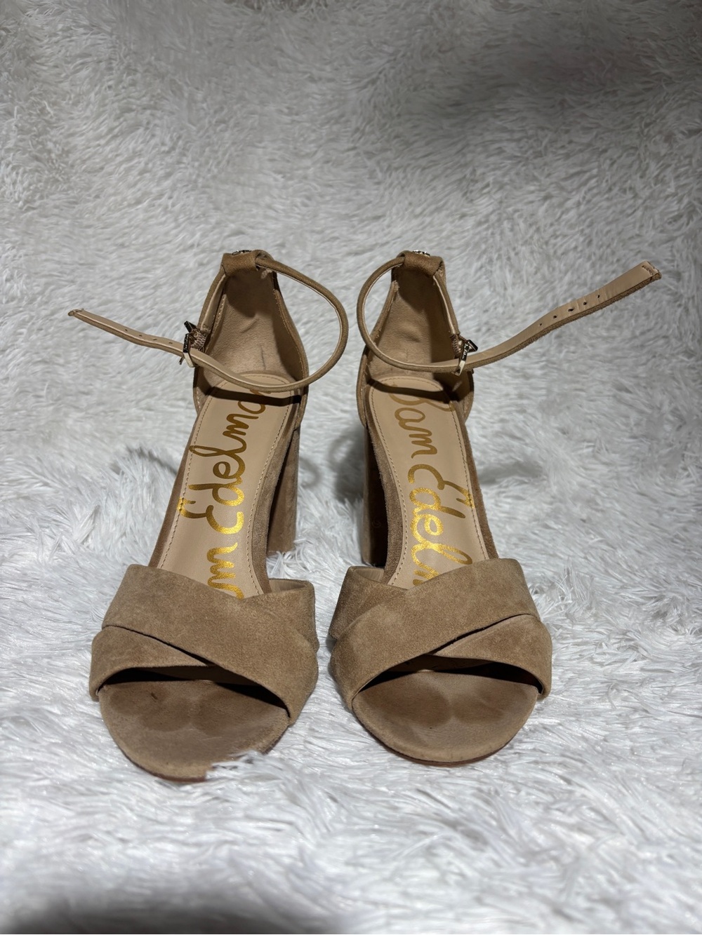 Sam Edelman Tan Suede Ankle-Strap Block Heel Sandals
